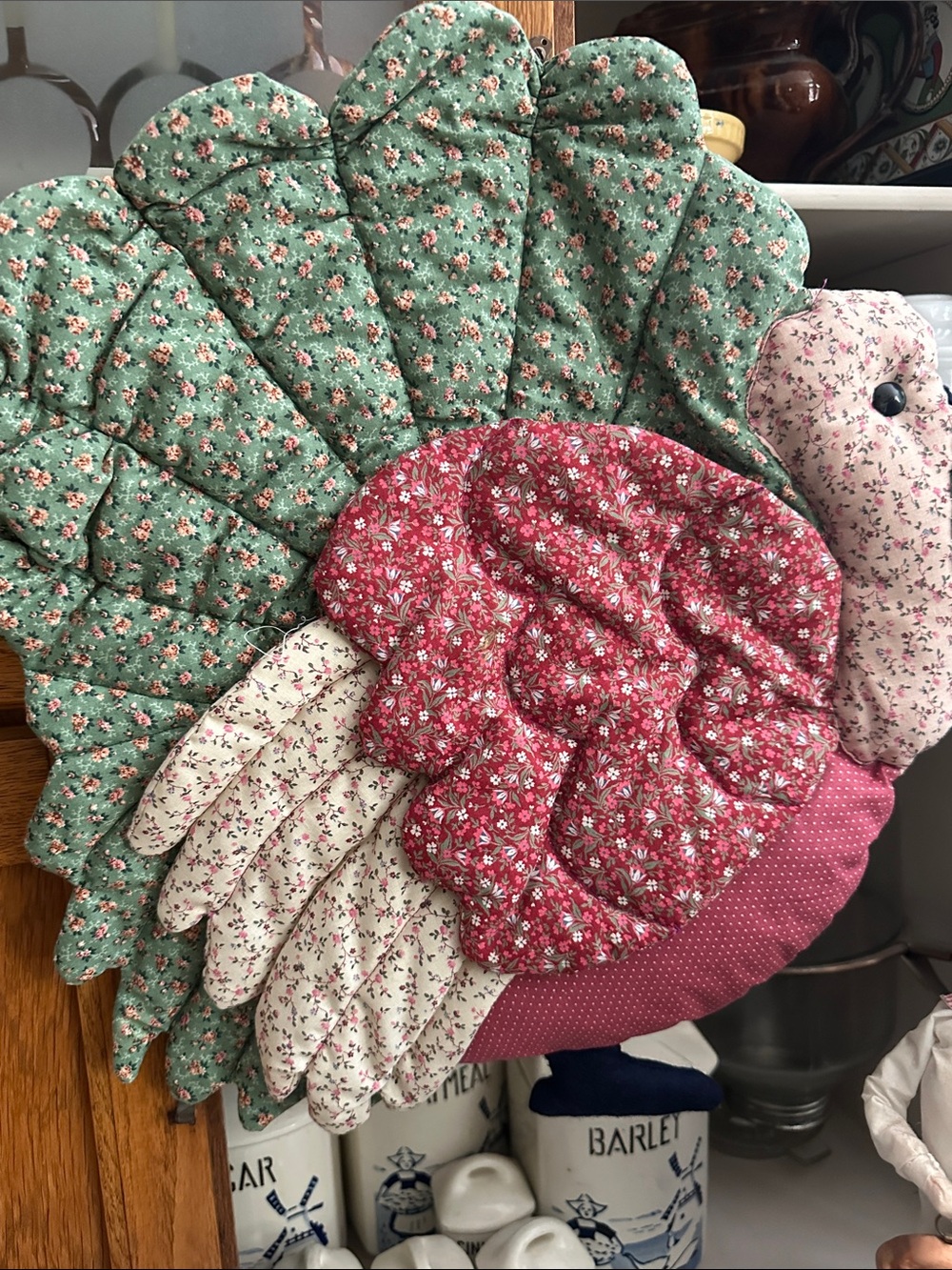 Hand stitched turkey; quilted- Green, cranberry, beige.